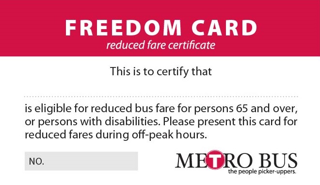picture of the Metro Bus freedom card for reduced fares