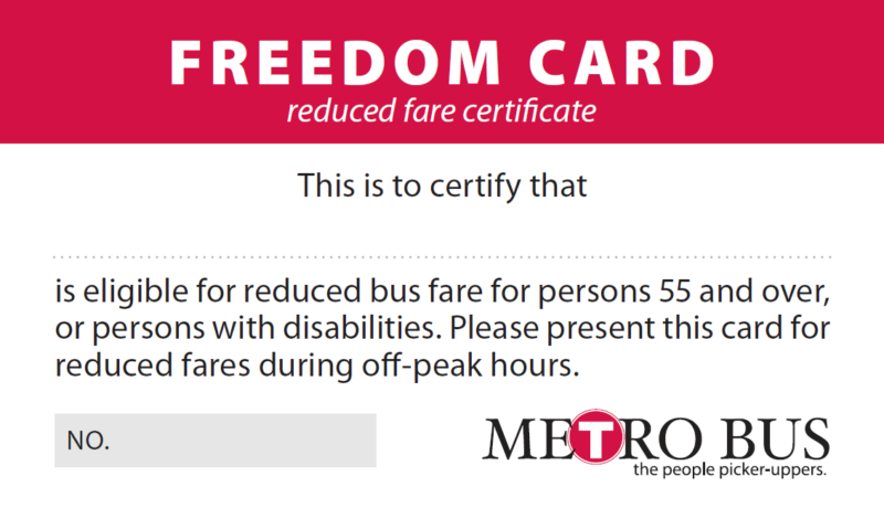 picture of the Metro Bus freedom card for reduced fares