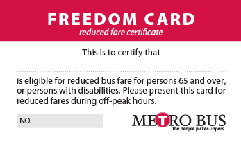 picture of the Metro Bus freedom card for reduced fares