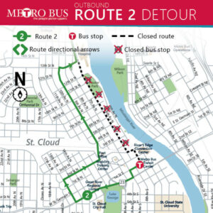 Route 2 Outbound detour and affected bus stops. Starting Saturday June 24 th , this detour is for Granite City Days Parade starting at 7:30 am. Starting at the transit center, take a right on 5 th Ave, right on Division St., right on 16 th Ave, Right on 2 nd St. N, left on 10 th Ave, right on 13 th St., left on 6 th Ave, Back on route. There will be no temporary bus stops for this detour.