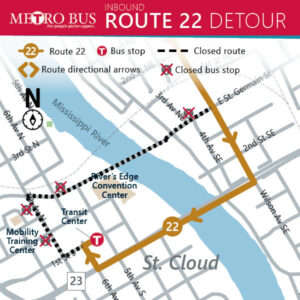 Starting Saturday June 27th, this detour is for Granite City Days Parade starting at 7:30 am. From St. Germain, take a left on Riverside Dr SE, left on 2nd St SE, right on Wilson Ave SE, right on Division St. right on 5th or 6th Ave, return to Transit. There will be no temporary bus stops for this detour.