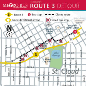 Route 3 Inbound detour and affected bus stops. Starting Saturday June 24 th , this detour is for Granite City Days Parade starting at 7:30 am. Continue straight on Division St., left on 7 th Ave, right on 1 st St. S, Back on route. There will be no temporary bus stops for this detour.