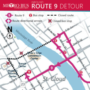 Starting Saturday June 27th, this detour is for Granite City Days Parade starting at 7:30 am. From E St Germain, right on Wilson Ave SE, right on Division St, Right on 5th or 6th Ave and into Transit Center, Back on route. There will be no temporary bus stops for this detour.