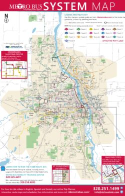Map of the full St. Cloud Metro Bus service area and all routes encompassing St. Cloud, Sartell, Sauk Rapids and Waite Park.