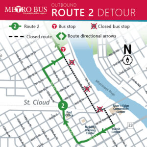 Route 2 outbound detour and affected stops. Starting Friday April 21st, multiple roads will be closed for the Earth Day 5k race, starting at 3pm, Route 2 outbound will take a left on 1 st St. S, then a Right on 10 th Ave, Right on 8 th St.N , left on 6 th Ave N and then resume Route. There will be no temporary bus stops for this detour.