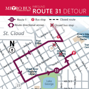 Starting Saturday April 20th, multiple roads will be closed for the Earth Day Half Marathon race, starting at 7am, routes 1/31 inbound will continue straight on 2nd St. N, left on 14th Ave N, left on Division St, left on 7th Ave S, right on 1st St. S and then resume route. There will be no temporary bus stops for this detour.