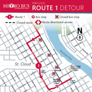 Route 1 inbound detour and affected stops. Starting Friday April 21st, multiple roads will be closed for the Earth Day 5k race, starting at 3pm, Route 2 outbound will take a left on 1st St. S, then a Right on 10th Ave, Right on 8 th St.N , left on 6 th Ave N and then resume Route. There will be no temporary bus stops for this detour.