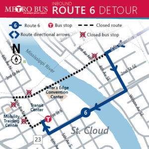 Starting Friday April 19th, multiple roads will be closed for the Earth Day event, starting at 3pm, Route 6 inbound will take a left on Wilson Ave, right on Division St, right on 5th or 6th Ave, and then resume route. There will be no temporary bus stops for this detour.
