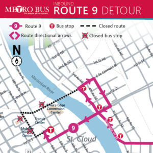 Starting Friday April 19th, multiple roads will be closed for the Earth Day events, starting at 3pm, route 9 inbound will take a right on St. Germain St. a right on Wilson Ave., right on Division St, right on 5th or 6th Ave and then resume route. There will be no temporary bus stops for this detour.