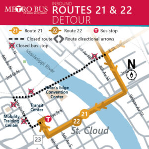Starting Friday April 19th, multiple roads will be closed for the Earth Day events, starting at 3pm, Route 22 and 21 inbound will go straight on Wilson Ave, right on Division St, right on 5th or 6th Ave, and then resume route. There will be no temporary bus stops for this detour.