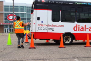 A Metro Bus Dial-a-Ride Operator completes a backing maneuver at the 2023 Local Bus Roadeo.