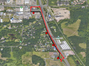 Map of Route 12 outbound detour. Beginning immediately, the route 12 outbound will be on detour due to road resurfacing. From Germany St, left on Spalt Ave, right on 33rd St S, right on CoRd 75, right on 36th St So, left on Frontage Rd, resume route. No temporary stops will be added for this detour.