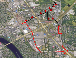 map of route 6 inbound detour in St. Cloud. Beginning Monday July 8, 2024 at 500am, route 6 inbound will be on detour due to road closures. From Bentonshire, bus will take left on 14th Ave SE, left Oak St, right 15th Ave SE, left Frontage Rd, right 7th St SE, right Frontage Rd, left 7th St SE, right Lincoln Ave, left E St Germain, resume route. No temporary bus stops will be added.