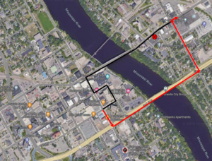route 6 outbound detour map. Beginning Monday June 3, 2024 at 5am, the route 6 outbound will be on detour due to the Veterans bridge closure. From Transit, Route 6 will turn right on 5th Ave So, left on Hwy 23, left on Wilson Ave SE, right on E St Germain, resume route.