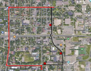 Map of route 12 outbound detour. Beginning Friday July 12, 2024 at 600pm, Route 12 Outbound will be on detour due to road construction. Leaving SCSU, straight on 7th St S, left 9th Ave S, left 13th St S, right 6th Ave S, resume route.