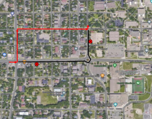 Map of Route 5 Inbound detour. Beginning Friday July 12, 2024 at 600pm, Route 5 Inbound will be on detour due to road construction. From University Dr and 9th Ave S, left on 9th Ave S, right on 8th St So, left on 5th Ave S, resume route.