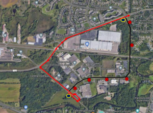 Route 10 inbound detour map. Starting Thursday July 18. 2024 at 530am, Route 10 inbound will be on detour dur to a road closure. Starting at Old Hwy 52 and Saukview Dr, straight Saukview Dr, left into Nahan Printing Shipping entrance, left into parking lot to west end of lot, right onto Old Hwy 52, right onto CoRd 134, resume route. Temporary stops will be at Old Hwy 52 / Saukview Dr and CoRd 134 / Saukview Dr