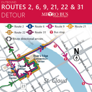 Starting Wednesday 4/30/2025, routes 2, 6, 9, 21, 22, and 31 leaving the Transit Center will head east on 1st St So, Left on 4th Ave So, Left on W St Germain, right on 5th Ave So, resume route. This detour is expected to last through the summer.