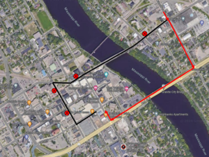 Map of Route 21 & 22 Inbound detour. Beginning Monday June 3, 2024 at 5am, the route 21/22 inbound will be on detour due to the Veterans bridge closure. From Wilson Ave and E St Germain, straight on Wilson Ave, right on Hwy 23, right into Transit.
