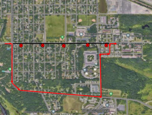Map of route 8 outbound detour. Beginning Monday June 3, 2024 at 5am, the route 8 outbound will be on detour due to a road closure. From University and Killian, right Killian (tuns into MN Blvd) Left 15th Ave SE (CoRd 8), right 16th St SE, Left 16th Ave SE, Right University Dr SE, resume route.