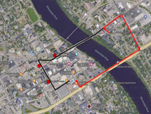 Map of route 9 detour. Beginning Monday June 3, 2024 at 5am, the route 9 inbound will be on detour due to the Veterans bridge closure. From Riverside and E St Germain, right on E St Germain, right on Wilson Ave, right on Hwy 23, right into Transit.