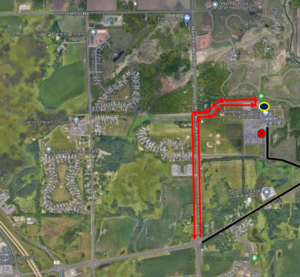 Route 21 detour at SRRHS map. Starting immediately Route 21 will be detour due to Road work at the Sauk Rapids HS. Bus will turn left onto CoRd1, right onto the SRHS by the water tower, U-turn in parking lot by door 10, back out and left on CoRd 1, right Golden Spike Rd, resume route.
