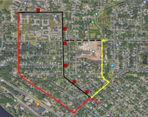 Map of Route 21 inbound detour. Starting Monday August 5, 2024 at 500am, Route 21 inbound will be on detour due to a road closure. Detour will begin at 4th Ave N and 8th St N, left 8th St N, right 2nd Ave N, resume route at 13th St N. * The High School exception runs will turn left on 6thAve N, right on 8thSt N, right on 2ndAve N, resume route at 13thSt N*