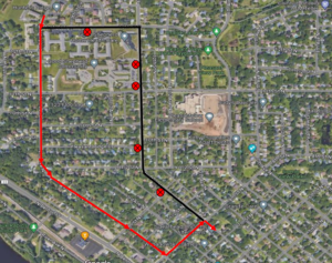 Map of route 22 outbound detour. Starting Monday August 5, 2024 at 500am, Route 22 outbound will be on detour due to a road closure. Detour will begin at 2nd Ave N and 13th St N, straight 2nd Ave N, left 8th St N, right 4th Ave N, resume route.