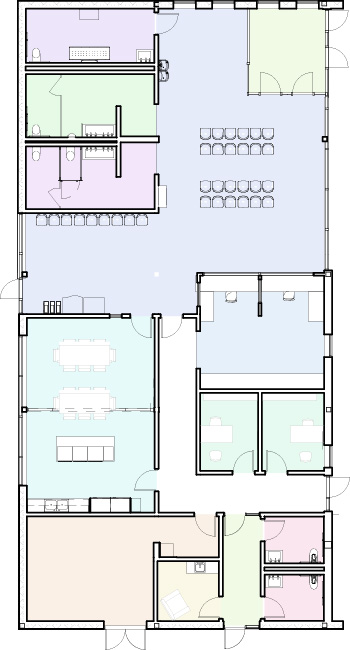 A layout of the Metro Bus Western Transit Center. There are doors on the south, east and west sides. The offices are on the south end. The public area and bathrooms are on the north end.