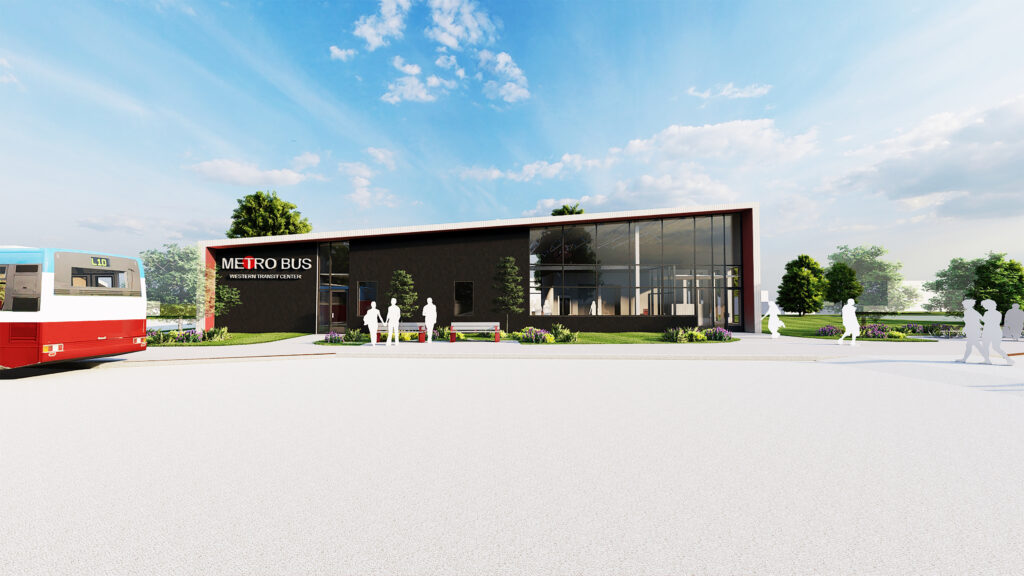 Schematic conception of what the outside front of the Metro Bus Western Transit Center will look like. It is a dark-colored, one-story building with large windows on the right and a sidewalk out front leading to the door.