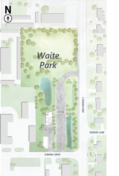 A map of the placement of the Metro Bus Western Transit Center on the corner of Sundial drive and 2nd Street S in Waite Park.