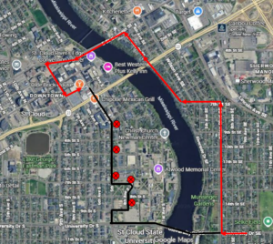 This detour will start Tuesday March 3rd 2026 at 600 am and last until the bridge inspection is complete. Right on Killian Blvd SE, left on 7th St SE, Right on Riverside Ave SE, left on E. St Germain, Left on 7th Ave N, Left on 1st St N., end at Transit.