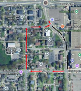 Beginning immediately, route 12 inbound will be on detour due to a lane closure. From 13th St S and 4th Ave So, left 13th St So, right 6th Ave s, right 11th St S, left 5th Ave S. resume route.